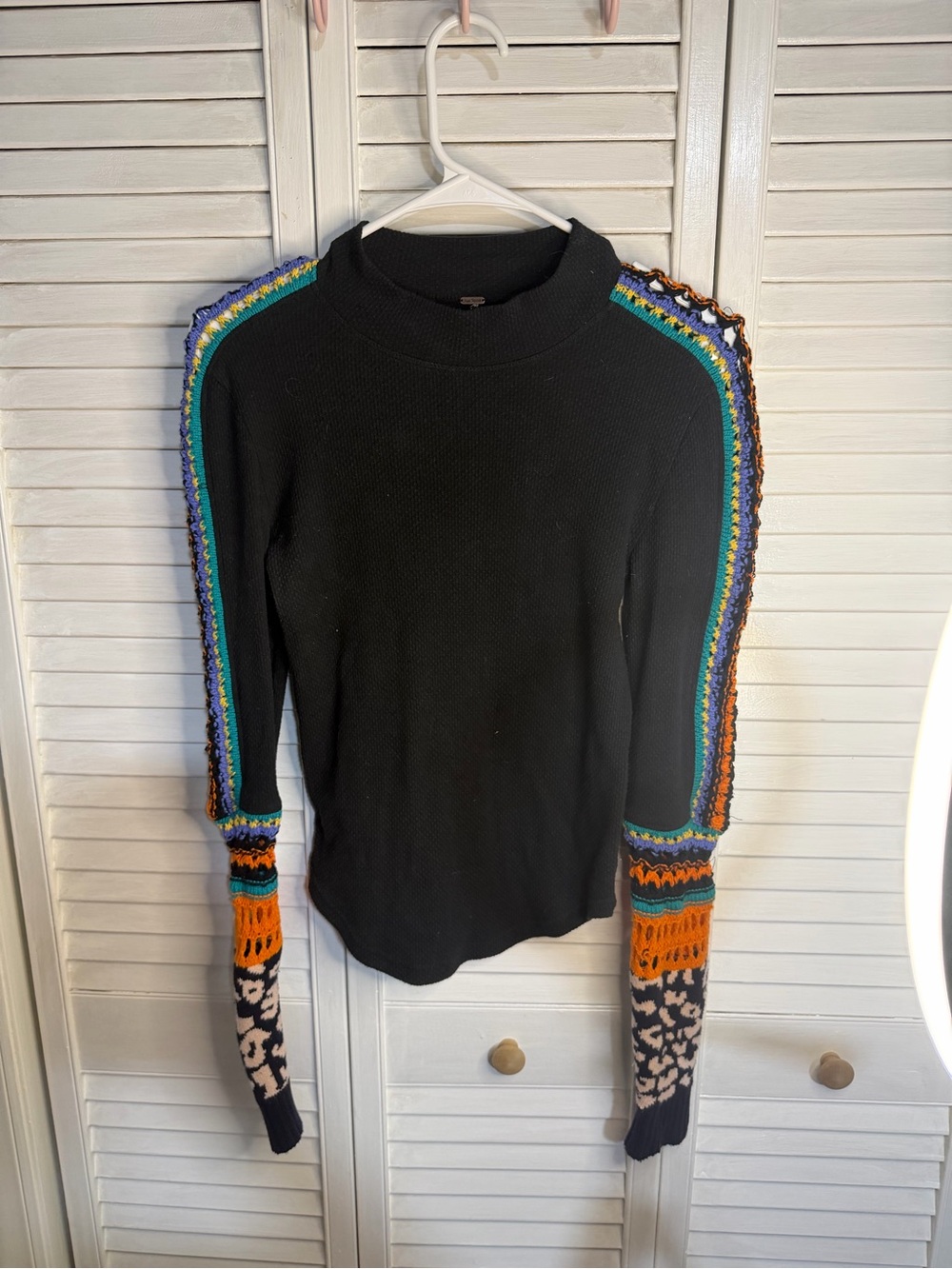 Free People Black Sweater with Multicolor Crochet & Patterned Sleeves